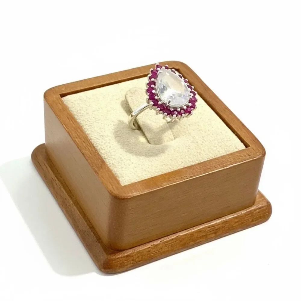 Celestial Halo: Pear-Cut Rainbow Moonstone and Ruby Cluster Ring Size 6 New